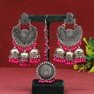 Pink Oxidised Earrings Tikka Set